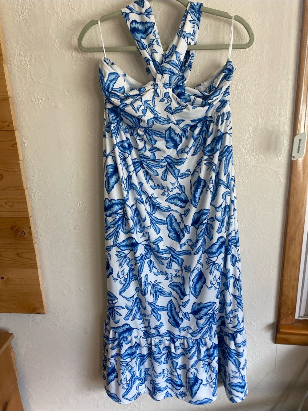 Grace Karin White Maxi Dress with Blue Leaf Print and Twist Straps
